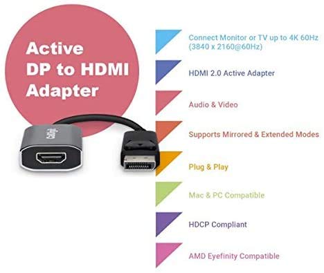 CalDigit DisplayPort to HDMI Active Adapter (Uni-Directional DP 1.2 Male to HDMI 2.0 Female) 4K 60Hz UHD (3840 x 2160), High Refresh and Eyefinity Support, for Desktop, Laptop, Docks, GPUs, Mac, PC