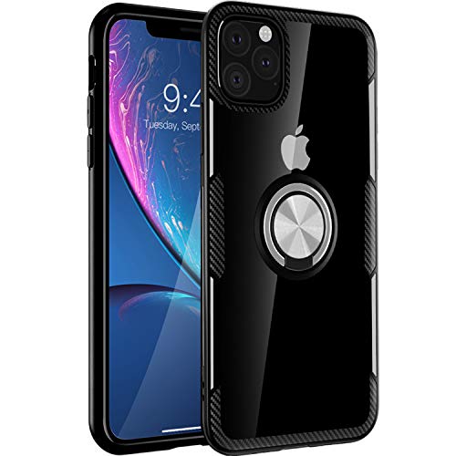 SQMCase Designed for iPhone 11 Case 6.1 inch 2019, Carbon Fiber Design Clear Crystal Anti-Scratch Case with 360 Degree Rotation Ring Kickstand(Work with Magnetic Car Mount) for iPhone 11,Black