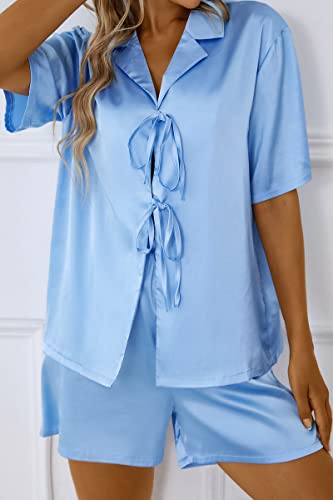 CHYRII Women's Silk Satin Pajamas Sets Tie Front Short Sleeve Tops and Shorts Two Piece Pj Sets Sleepwear Burgundy S