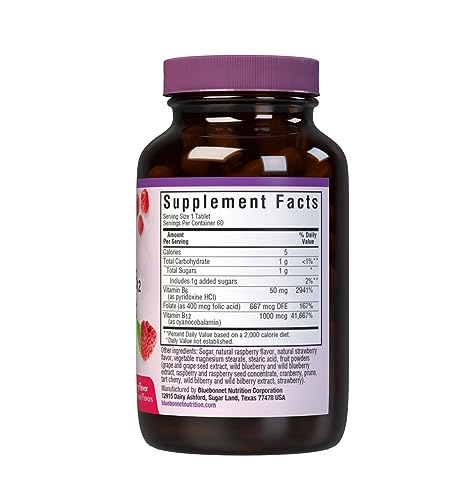 Bluebonnet Nutrition Earth Sweet Vitamin B6, B12, Plus Folic Acid Chewable Tablets, Vegan, Vegetarian, Gluten Free, Soy Free, Milk Free, Kosher, 60 Chewable Tablets, Raspberry Flavor