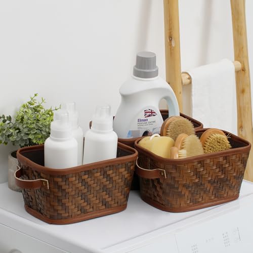 GRANNY SAYS Wicker Storage Baskets, Wicker baskets for Organizing, Plastic Storage Bins with Handles, Woven Baskets for Home Organization, 3 Pack Pantry Baskets for Shelves, Deep Brown