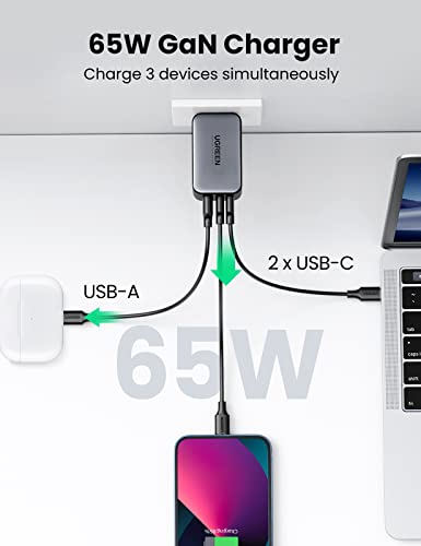 UGREEN 65W USB C Charger, Nexode 3 Ports GaN Fast Charger Block, Compact Foldable Charger for MacBook Pro/Air, Dell XPS, iPhone 15 Pro Max/14/13, iPad Pro, Galaxy S24/S23, Pixel 8, Steam Deck (Black)