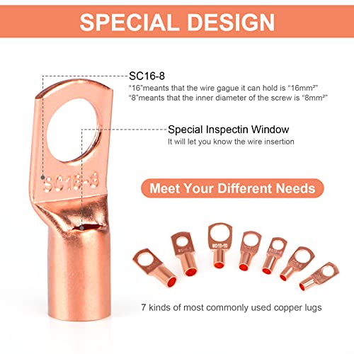 Copper Wire Lugs,Terminal Connectors,Used on AWG12 10 8 6 4 2 Cable,Heat Shrink Set,Bare Copper Eyelets,Ring Terminals Connectors,30Pcs Battery Cable Lugs Ends and 30Pcs Heat Shrink Tubing (60PCS)