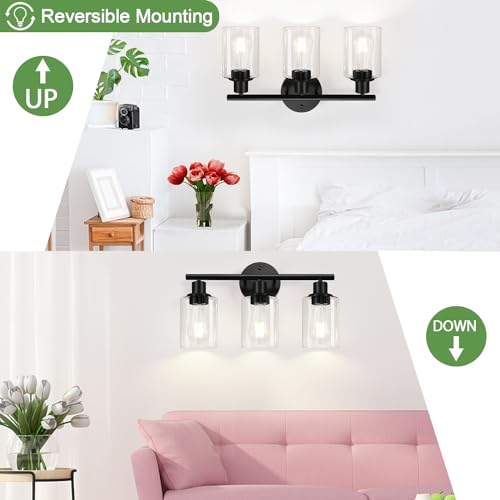 3-Light Bathroom Light Fixtures, Black and Gold Bathroom Wall Lights, Modern Bathroom Vanity Light with Clear Glass Shade, Bathroom Wall Lamp for Mirror Kitchen Bedroom Hallway Cabinet