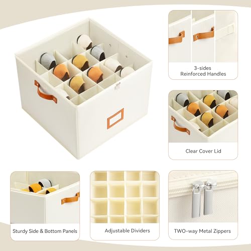 Delamu Shoe Organizer for Closet, Fabric Shoe Storage Boxes with Clear Cover, Adjustable Dividers for Shoe Storage, Foldable Space-saving Storage Container Bins, Fits 8-16 Pairs, Beige, 1-Pack