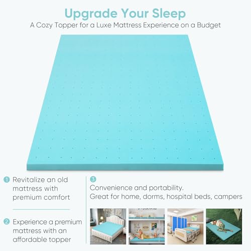 BedsPick Mattress Topper, Foam Mattress Pad, Single Bed Toppers,Dorm Room Essentials, Soft Mattress Pads for Sleeper Sofa, RV, Camper, CertiPUR-US Certified, Blue