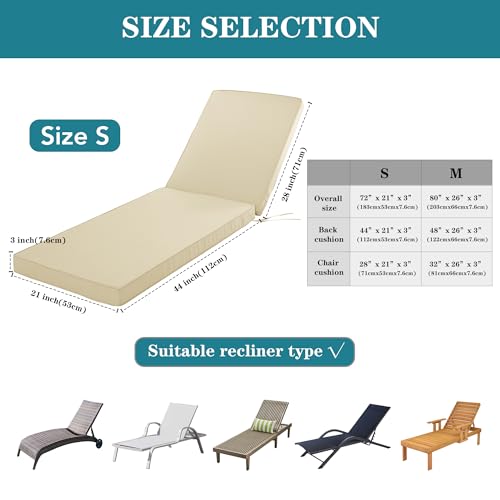 Comcaver Chaise Lounge Cushion for Outdoor Furniture, Waterproof Fade and Tear Resistant Lounge Deck Chair Cushions for Patio Lawn Pool Resort Hotel, 72x21x3 Inch, Beige