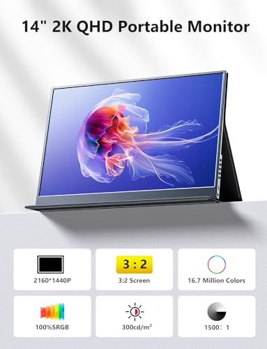 MAGICRAVEN Portable Monitor 14 inch 2160 * 1440P IPS Laptop Monitor, Dual USB C HDMI Second Computer Screen, Gaming Display with 2 Speakers, Travel Monitor for Laptop PS4/5 PC Phone Xbox Switch
