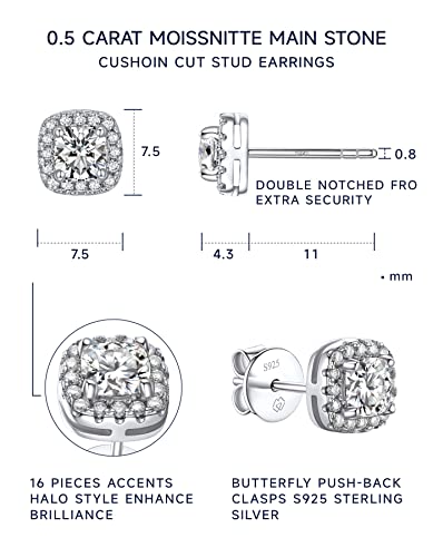 MomentWish Cushion Cut Earrings, 1.16Carat Moissanite Stud Earrings for Women, D Color VVS1 Simulated Diamond 925 Sterling Silver Halo Earrings