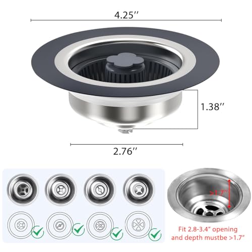 WSYLEN 3 in 1 Kitchen Sink Drain Strainer and Stopper Combo, Stainless Steel Pop Up Kitchen Sink Stopper, Sink Drain Strainer for Standard 3-1/2 Inch Drain