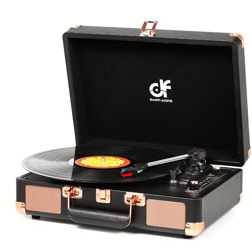 Record Player 3 Speed Portable Suitcase Vinyl Record Player with Built-in Speakers, Bluetooth Input, USB Recording, RCA-Out/AUX-in, Headphone Jack Vintage Turntable Black