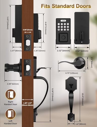 Keyless Entry Door Lock with 2 Handles, Tinewa Electronic Keypad Deadbolt, Auto-Locking, Anti-Peeping Password, Digital Smart Code Door Lock, Front Door Handle Sets, Matte Black