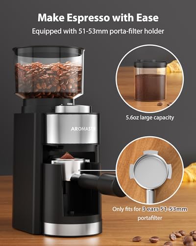 Aromaster Burr Coffee Grinder, Coffee Bean Grinder with 25 Grind Setting, Espresso Grinder with 51-53mm Portafilter Holder, 2-12 Cups Timer, Conical Coffee Grinders for Home Use/Pour Over/French Press