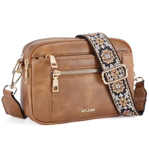 Telena Crossbody Purse for Women Small Crossbody Bags Trendy Vegan Leather with Adjustable Shoulder Strap Rough Camel Brown