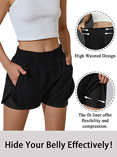 BMJL Women's Running Shorts Elastic Waistband High Waisted Shorts Pockets Sporty Workout Shorts Gym Athletic Shorts Pant(S,Black359)