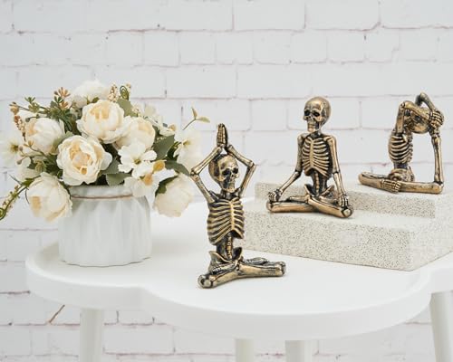 BOIHEGU Yoga Skeleton Skull Statue(Set of 3) Yoga Skull Statue for Yoga Meditation Room Decoration, Spooky Gothic Office Bookshelf Table Decoration(Antique Gold)