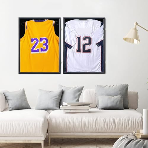 Temgee Jersey Display Frame 2 Pack Jersey Shadow Box for Baseball Basketball Football Soccer Hockey Sports Shirts, Uniform, 98%UV Protection Acrylic Glass, 2 Hanger(Black)