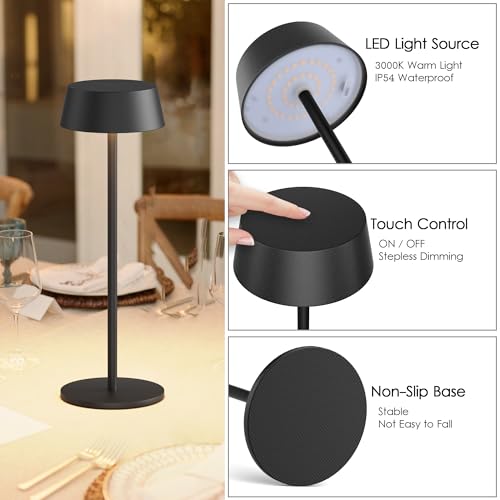 Aipsun Table Lamps Set of 2, Gold Battery Operated Table Lamp Cordless Outdoor Touch LED Table Lamp for Restaurant/Living Room/Bedroom 3000K Warm Light IP54 Waterproof