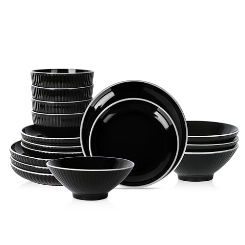 Christian Siriano Lustra Modern 16-Piece Stoneware Dinnerware Set, Plates and Bowls Set, Dinner and Salad Plates, Ramen Bowls, Dish Set for 4, Black