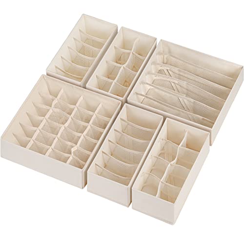 6 Pack Sock Underwear Drawer Organizer Dividers, 58 Cell Foldable Fabric Dresser Closet Organizers and Storage Bins for Clothing, Baby Clothes, Bra, Panty, Scarf, Ties (Beige)