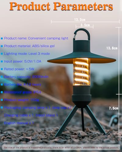 LED Lantern, Rechargeable Flashlight, 2000mAh Camping Lantern, 3 Lighting Modes, Dustproof and Splashproof, Suitable for Outdoors, Solo Camping, Fishing (Black)