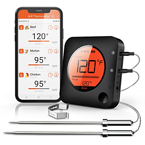 BFOUR Meat Thermometer Wireless Bluetooth, LCD Digital Meat Thermometer with Dual Probe, Wireless Remote BBQ Thermometer for Smoker Kitchen Cooking Grill Thermometer Timer for Grilling BBQ Oven