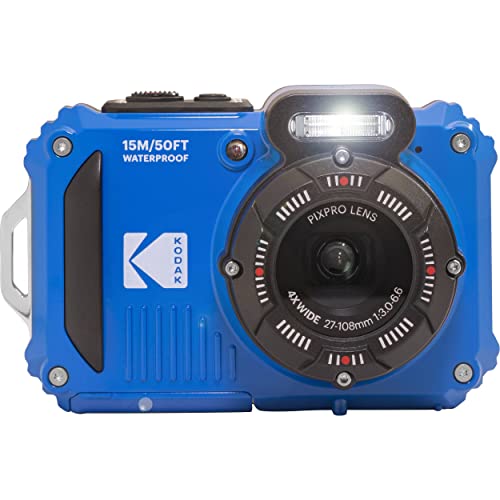 Kodak PIXPRO WPZ2 Rugged Waterproof Shockproof Digital Camera 16MP 4X Optical Zoom 1080P Full HD Video, 2.7 LCD (Blue), 32GB SD Card, Black Compact Camera Case, Floating Strap, Bundle (7 Items)