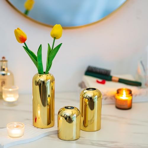 Glasseam Gold Bud Vases for Centerpieces: Modern Blown Glass Vases for Flowers Cute Small Vase Set of 3 Golden Decorative Flower Vase Decor Mini Centerpiece for Wedding Table Dining Room Decorations