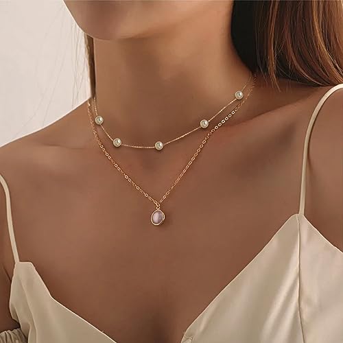 Trinckle Gold Pearl Necklace, Pearl Choker Necklace 15'' Pearl Necklaces for Women Dainty Gold Choker Beach Necklaces for Girls Adjustable Girls Bead Jewelry Bride Bridesmaid Wedding Birthday Gifts