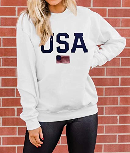 Dressmine Womens Usa Sweatshirt Long Sleeve Crewneck Sweater Graphic Tee Knit Pullover Sweater White 02 Medium