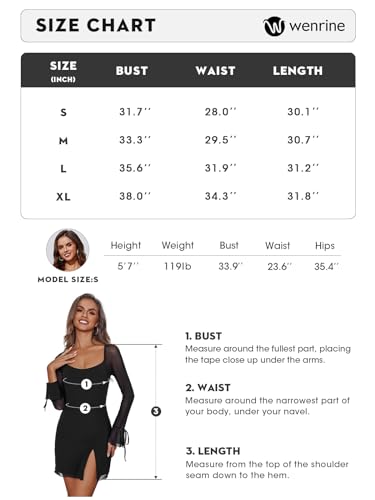 Wenrine Womens Bodycon Sheer Dress Sexy Mesh Sleeve Side Slit Square Neck Fitted Nightout Mini Club Dress Pink