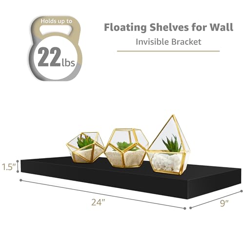 Sorbus Floating Shelves, Wall Shelves for Bedroom, Kitchen, Living Room, Bathroom Shelves Over The Toilet, Home Decor, Farmhouse, 24 x 9 Inch Wall Mounted Floating Shelves for Wall, 2 Pack, Black