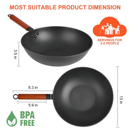 Wok Pan with Lid - 13" Nonstick Wok, Carbon Steel Woks & Stir-Fry Pans with Cookwares, Flat Bottom Chinese wok for Electric, Induction and Gas Stoves