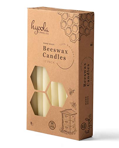 8" Beeswax Taper Candles 12 Pack - Handmade, All Natural, 100% Pure Unscented Bee Wax Candle - Tall, Decorative, White - 8 Hour Burn Time