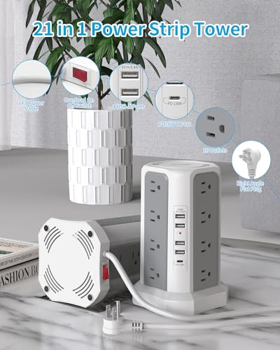 PD 18W USB C Power Strip Surge Protector Tower with 16 Outlets and 5 USB Ports, 6FT Extension Cord with Multiple Outlets, Fararaka Charging Station Home Office Essentials