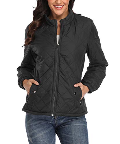 PEIQI Quilted Jacket for Women Outwear Puffer Zip-up Stand Collar Padded Jacket Winter Coat with Pockets Black X-Small