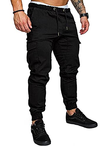 JMIERR Men's Fashion Cargo Pants - Casual Cotton Tapered Stretch Twill Chino Athletic Joggers Sweatpants Lightweight Drawstring Workout Trousers with Pockets for Men, US 34(M), 1 Black