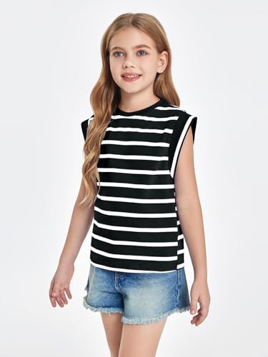 Haloumoning Girls Cap Sleeve T Shirts Summer Striped Tank Tops Tees 4-14 Years Purple