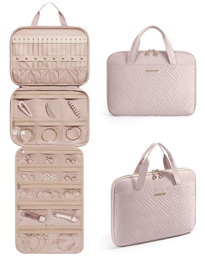 BAGSMART Travel Jewelry Case, Hanging Roll Jewelry Bag with Zipper Pockets Jewelry from Oxidation, Large Capacity for Earrings, Necklaces, Rings on Closet, Wall, Door, Portable Travel Essentials, Pink