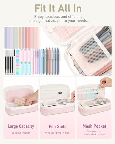 Four Candies 39 PCS Aesthetic School Supplies with Cute Pen Case, 12 Pastel Highlighters, 5 Black Ink Gel Pens, 6 Mechanical Pencils Set 0.5 & 0.7 mm for Students Stationary College Essentials (Pink)