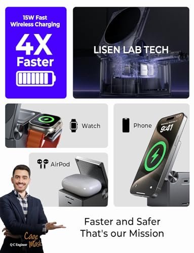 LISEN for iPhone 16 Pro Max Charger 3 in 1 Charging Station Multiple Devices Apple, MagSafe Portable Charger iPhone Wireless Stand, Travel Charger for iPhone 16 15 Pro Max Airpods S10 Ultra Watch