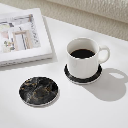 Hoomey Set of 6 Abstract Black Marble Coasters with Holder, Absorbent Ceramic Coasters for Drinks, Coasters with Cork Backing for Table Protection, Housewarming Gifts for New Home
