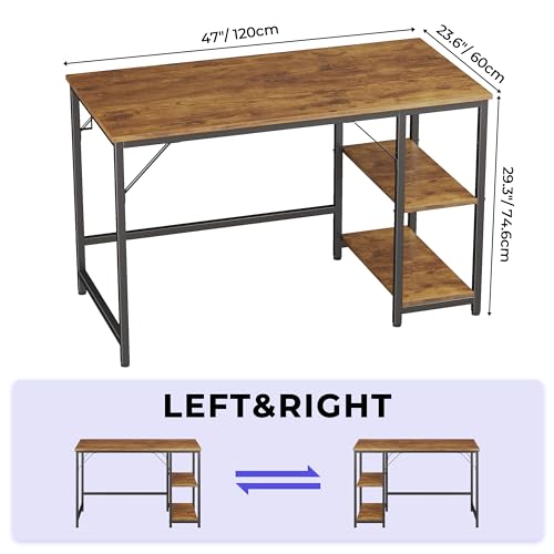 JOISCOPE Home Office Computer Desk with Wooden Storage Shelf, Office Desk and Gaming Table with Splice Board, 2-Tier Industrial Morden Laptop Study Writing Desk, 48 x 24 inches (Vintage Oak)