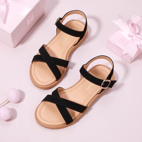 PANDANINJIA Elva Girls Sandals Open Toe Cute Flats Dress Sandals Cross Strappy Summer Shoes Toddler/Little Kid/Big Kid (Tan Pu, 12 M US Little Kid)
