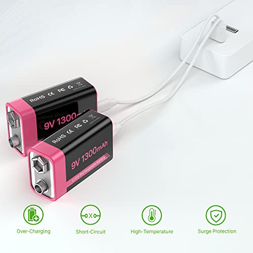 9V Rechargeable Batteries, 1300mAh High Capacity Lithium-ion Long Lasting 9 Volt Batteries with 2 in 1 USB C Fast Charging Cable for Smoke Alarms,Microphone,Multimeters,Toys,Game Controllers (2 Count)