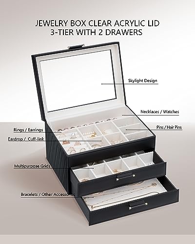 V-LAFUY Jewelry Organizer Box, Jewelry Holder Organizer 3 Layers with 2 Drawers, Jewelry Boxes Display Earring Necklace Watch Bracelet and Rings - Glass Lid Apricot