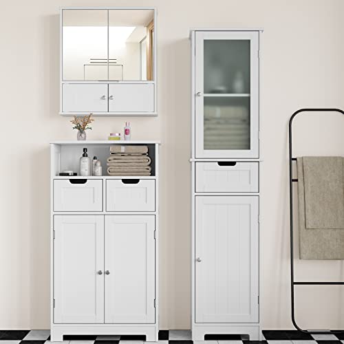 HORSTORS Bathroom Cabinet, Storage Cabinet with 2 Doors & 1 Drawer, Floor Freestanding Cabinet with Adjustable Shelves, Narrow Tall Cabinet for Bathroom, Living Room, Home Office, White