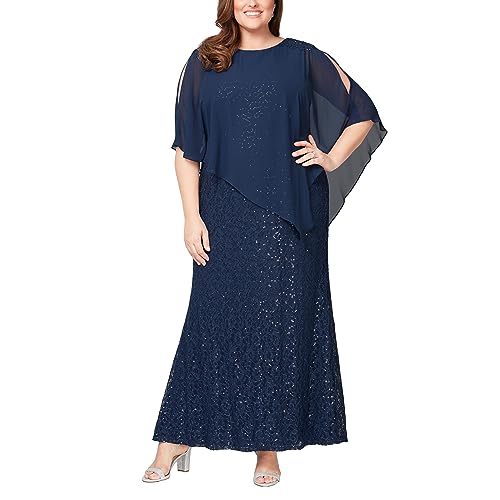 S.L. Fashions Women's Plus Size Long Length Sequin Lace Beaded Capelet Mother of The Bride Dress, Formal Evening Gown, New Navy