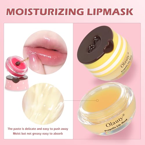 Deepmind 2 PCS Bee Lip Balm Lip Mask Honey Pot, Honey & Strawberry Lip Mask Propolis Moisturizing Lip Balm with Stick - Hydrating Prevention Dry and Cracked Lip Scrubs Exfoliato Lip Wrinkle Care