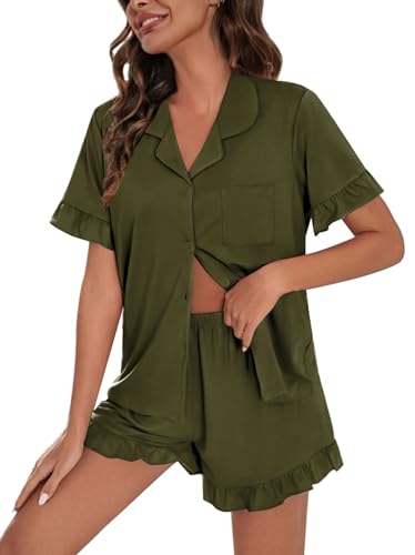 SWOMOG Woman Pajama Set Short Sleeve 2Pcs Soft Modal Sleepwear Button Down Ruffle Hem Pj Set White Large Loungeset